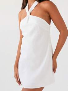 Women Mini Dress Solid Color/Floral Print Halter Neck Backless Dress Summer Fashion Sleeveless Casual Dress - 白色 - 查看 2