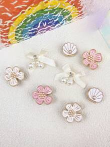 18pcs White ABS Pearl Bow, Pink ABS Pearl Flower, White ABS Pearl Shell, Flower, ABS Pearl Shoe Clips DIY Decorative Accessories, Suitable For Women's Sandals, Slippers, Beach Bags, Ideal Gift For Holidays And Birthday Parties