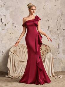 Abito da sera elegante a sirena in raso lucido bordeaux con decorazione fiocco, adatto per balli, eventi formali, cerimonie, ospiti di matrimoni