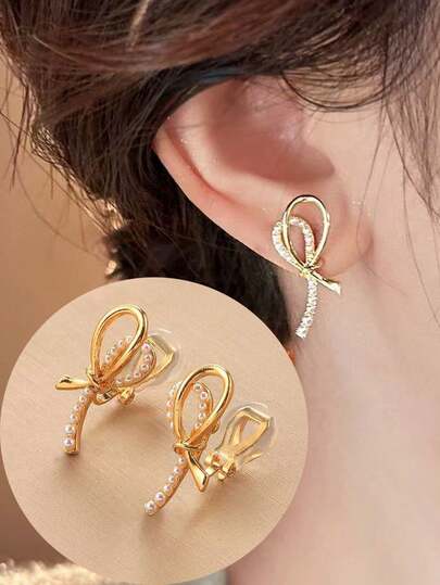 1 对时尚仿珍珠蝴蝶结耳环，女士无穿孔夹式耳环，高端精致纤薄耳环，适合日常佩戴和节日礼物