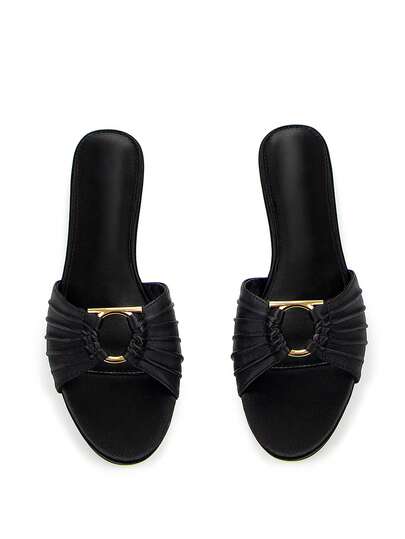 Women's Fashion Metallic Gold Buckle Ruched Decoration Black Chiffon Fabric Comfortable Round Toe Casual Slip-On Mule Flat Sandals, Suitable For Daily Wear And Party,Spring Summer Outfits