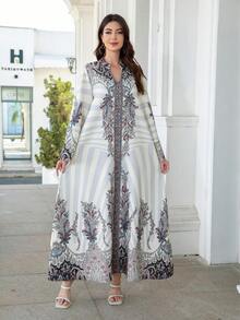 V-Neck Robe, Regular Fit, All-Over Print, 75D Stretchy Soft Fabric, Regular Sleeve, Sparkly Rhinestone Embellishment, Elegant & Luxurious Arabic Style Jalabiya Long Dress