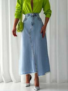 Women's Casual Asymmetrical Hem Pocketed Denim Mini Skirt - Light Wash - View 2