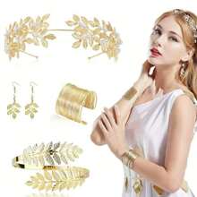 5pcs/Set Greek Goddess Style Clothing And Accessories Set, Including Leaf Shaped Crowns, Headbands, Bracelets, Earrings, Bridal Headpieces Halloween