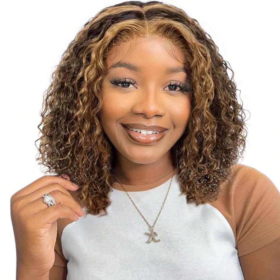 Curly Bob Wigs 13X4 Lace Front Wig Brazilian Remy Human Hair Wigs Blonde Brown Deep Wave Short Wig For Women 13x4 Lace Highlight Color 4/27 ,8-16inch ,180% Density Human Hair Lace Wig