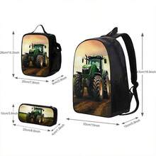 3 PiecesTractor Pattern Backpack, Harvester Pattern Backpack, Lunch Bag, Pen Pouch, Lightweight Polyester, Unisex - Multicolor - View 4