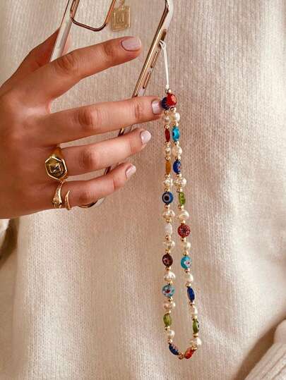 1pc Colorful Faux Pearl Devil's Eye Glass Phone Case With Lanyard, Suitable For Daily Matching, Keychain, Bag Pendant