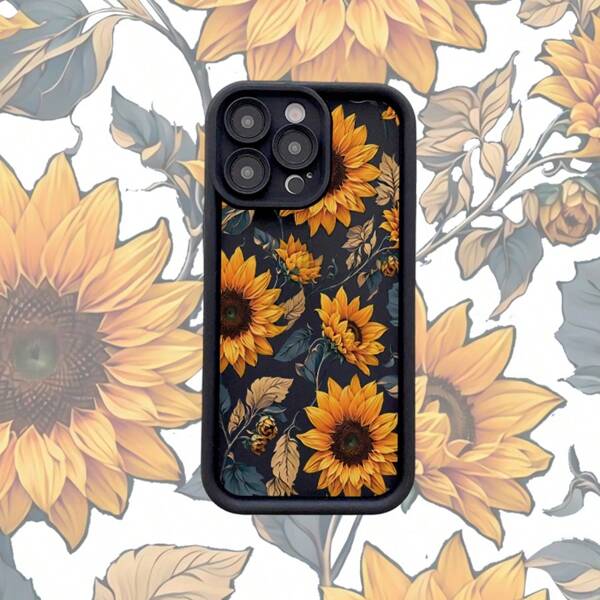 Flower 1pc Fashionable Sunflower Print Pattern Black Phone Case, Thick Anti-Fall Protective Cover, Personalized Phone Case Compatible With Apple & , Multiple Colors Available, Stylish & Minimalist Design