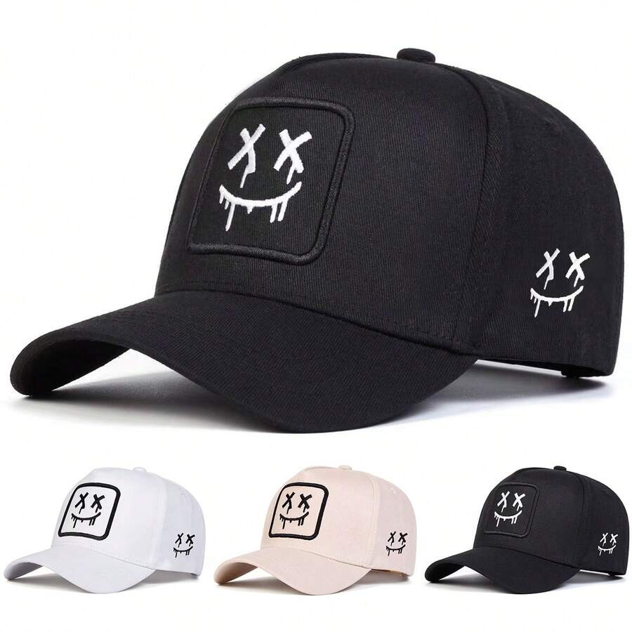 1 pieza Gorra de camionero con cara sonriente para hombres, gorra de béisbol con expresión bordada, gorra de cinco paneles de moda callejera, gorra casual de protección solar para exteriores para primavera, otoño, viajes, playa, verano, vacaciones - multicolor - Ver 1