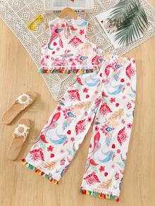 Tween Girls Bohemian Style Paisley Print 2 Pieces Set, Colorful Tassel Decor, Sleeveless Top And Loose Cropped Pants, 100% Polyester, Pullover Crew Neck, Non-Stretch Woven Fabric, Casual Spring/Summer Outfit, Suitable For Outdoor - White - View 4