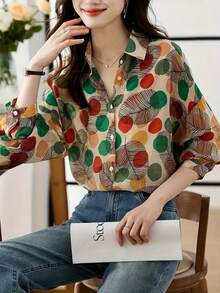 女式波尔卡圆点印花长袖衬衫，正面全纽扣，翻领，长袖上衣 - 彩色 - 查看 3