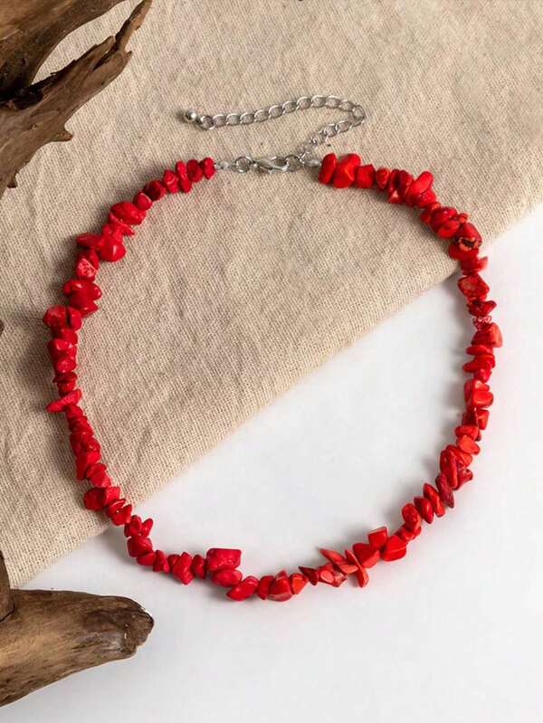 1 pieza Collar asimétrico con piedra roja, favorecedora, de estilo retro para vacaciones/playa, collar de moda para mujer