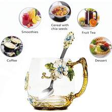 Tea Cup Glass Coffee Mugs,Fancy Tea Cup Set Birthday Christmas Valentine's Day Gift Idea For Tea Lover And Women Novelty Coffee Mugs Rose Flower Enamel Tea Cup Glass Mug With Spoon Set - Blue rose & butterfly daisy cup - View 3