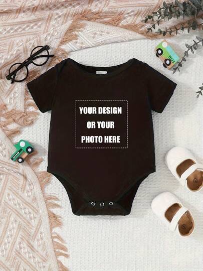 [Custom] Personalized Image Printed Name Romper For Boys And Girls, Round Neck Short Sleeve Infant/Toddler Casual Jumpsuit - Machine Washable, Suitable For Summer Outdoor Wear