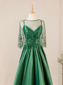 Abito elegante vintage verde a ruota per la madre della sposa, con stola in pizzo e paillettes, stola inclusa