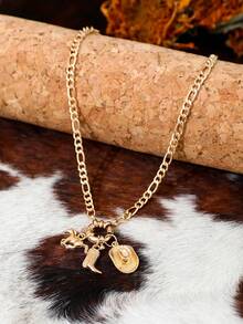 1 件时尚靴子、牛仔帽和马吊坠项链，百搭嘻哈西部风格项链