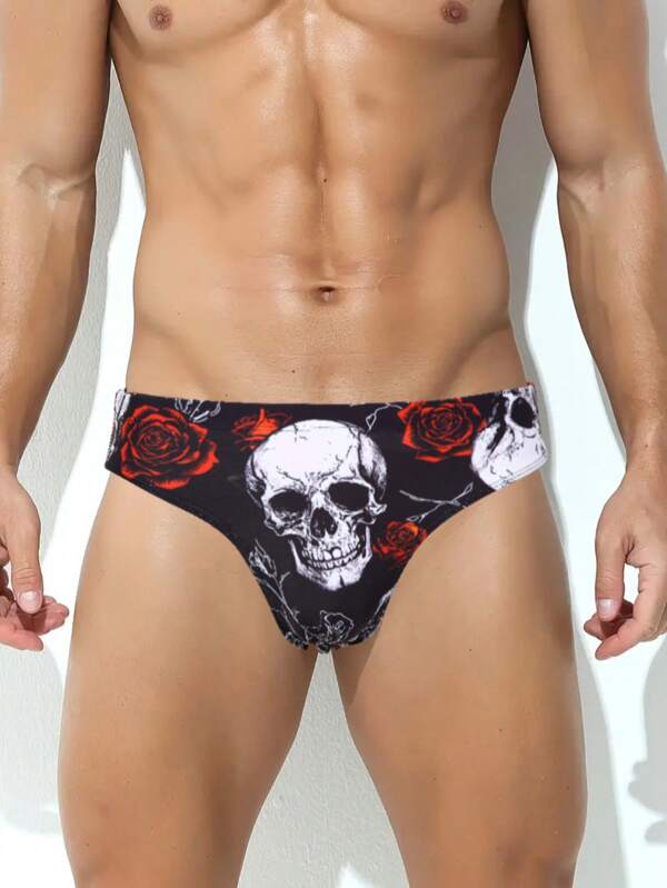 Męskie modne, swobodne kąpielówki z nadrukiem Dark Rose Skull