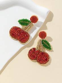 1 Pair Handmade Beaded Cherry With Rhinestones Earrings, Sweet And Fashionable For Women