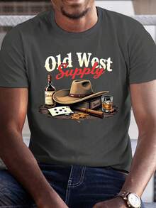 Cowboy Whiskey Old West Supply 180g Pure Cotton Men's Tshirt Comfort Fit - 深灰色 - 查看 1