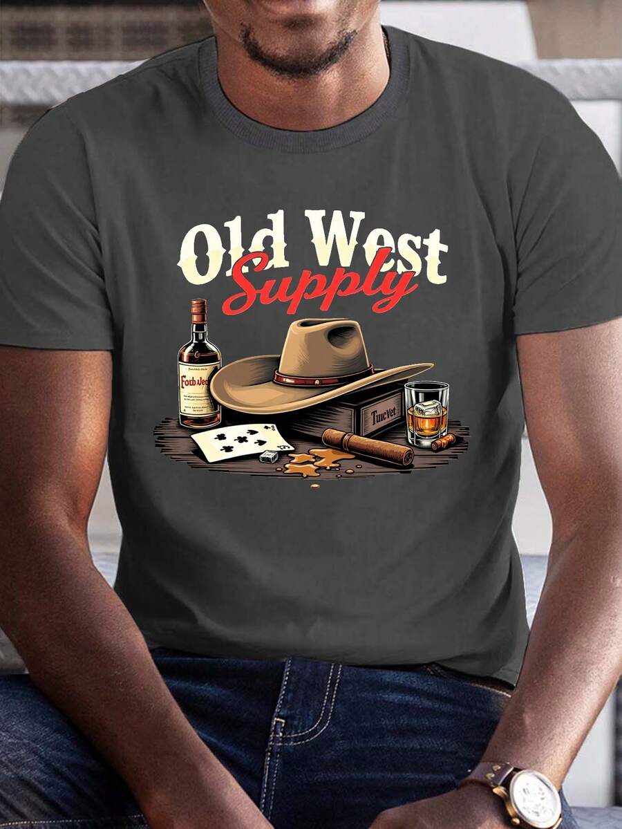 Cowboy Whiskey Old West Supply 180g Pure Cotton Men's Tshirt Comfort Fit - 深灰色 - 查看 1