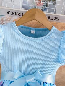 女童春夏新款盖袖罗纹蝴蝶印花下摆优雅可爱连衣裙 - 藍色 - 查看 3