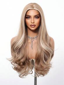 28 英寸长波浪渐变棕色合成假发中分浅金色长卷发假发适合女士日常派对角色扮演假发