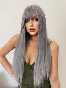 1-Piece Synthetic Heat Resistant Straight Hair With Bangs Princess Cut Wine Cyan Or Grey 26 Inch Fully Machine Woven Daily Natural Realistic Wig