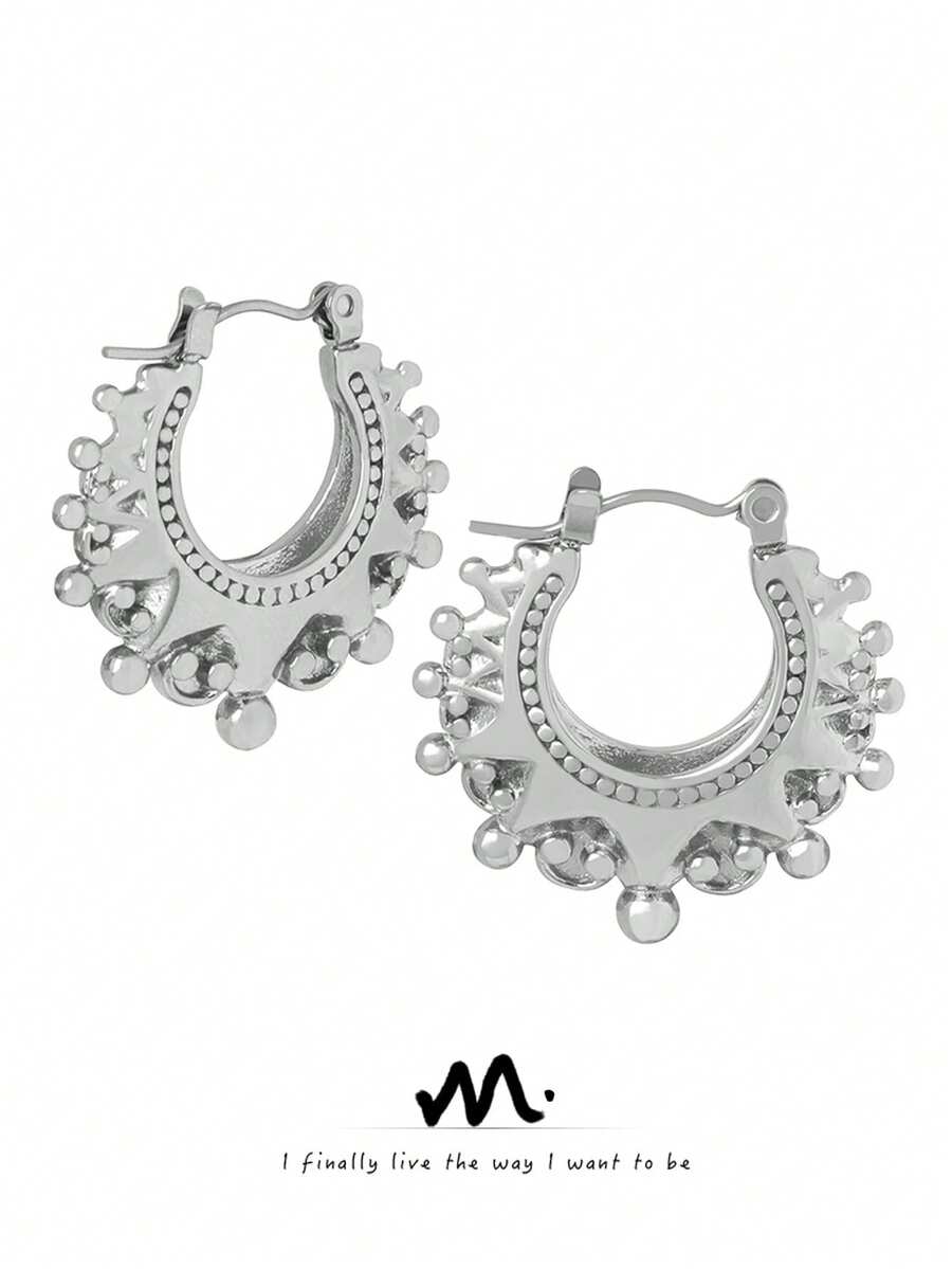 2pcs Set MiDuoDuo French Aesthetic Heavy Metal Gear Titanium Steel Earrings, Upscale Accessories For Women - Silver - View 1