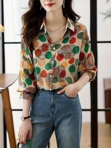 女式波尔卡圆点印花长袖衬衫，正面全纽扣，翻领，长袖上衣 - 彩色 - 查看 2