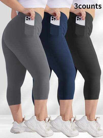 3 Packs Capri Leggings With Pockets High Waist Cropped Trousers Yoga Pants For Women Running Active 3/4 Length Leggings For Workout Exercise & Fitness Plus Size