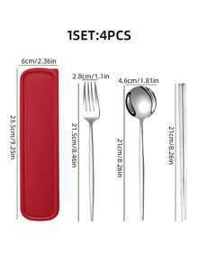 4-Piece Stainless Steel Cutlery Set (Fork, Spoon, Chopsticks, Storage Box), Student Portable Cutlery, Kitchen, Back-To-School Gift - Portuguese Silver Cutlery + Plain Chopsticks - View 7