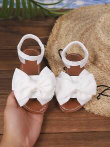1 Pair White Girls Sandals, New Bowknot Princess Shoes, Elastic Band Design, Soft Bottom Casual Beach Shoes, Essential For Summer - Beige - View 6