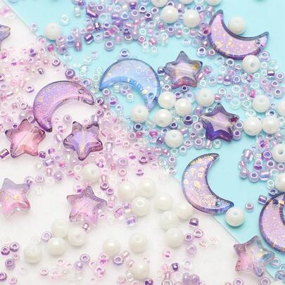 700pcs/Pack Glass Beads Set, Includes Approx. 20pcs Stars, 10pcs Moons, 80pcs Round Beads, Gradient Dual-Color Beads For DIY Jewelry, Accessories, Necklaces, Bracelets, Waist Chains, Phone Charms, Keychains Etc.
