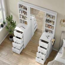 FUSOU Vanity Desk With Full Length LED Mirror, Makeup Vanity With Power Outlet, 3 Color Modes, Brightness Adjustable, 8 Drawers With Shelves Vanity Table For Bedroom - 美規B型插(110-127V) - 查看 5