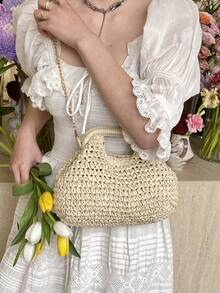 Fashionable Straw Woven Handbag, Elegant For Vacation Travel, Sophisticated Tote Bag, Beige Crossbody Beach Bag, Lightweight Clutch
