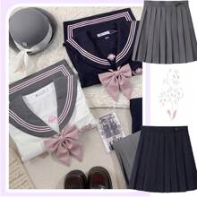 Sailor Uniform, Short Sleeves, Navy Blue, High School Girl, Cosplay, Uniform, Cute, Embroidered Pattern, School Uniform, Junior High School Student, Costume, School Uniform, 4-Piece Set, Jk Uniform, Skirt, Sailor Uniform, Gray, Short Sleeves, Socks Included, Halloween, Costume, School Festival, Cultural Festival, Authentic Uniform