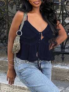 Women's New Style Fashion Versatile Summer Solid Color Ruffle Camisole - Navy Blue - View 6