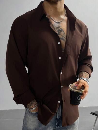 Men's Long Sleeve Formal Shirt, Solid Brown Color, Button Design, Suitable For Weddings, Office, Formal Occasions, Parties, Showcasing A Classic Gentleman Style, An Ideal Gift For Father Or Boyfriend