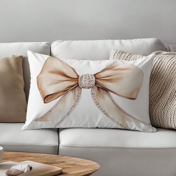 1pc Minimalist Beige Bow Cushion Cover, Single-Side Print Soft Peach Velvet Material, 30*50CM Pillow Sham Suitable For Indoor Decor, Party Decor, Decorative Pillow Cover Gift
