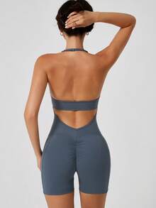 NcmRyu 1pc V-Shape Ruched Design Yoga Fitness Running Training Jumpsuit, Fashionable, Suitable For Spring & Summer Shapewear Jumpsuit - Blue - View 9