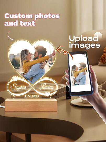 Personalized Custom Picture Frames With LED Night Light Christmas Gifts New Year Acrylic Heart Plaque Wooden Stand Table Lamp Customized Photo, Mother's Day Anniversary Birthday, Unique Gift For Couples, Girlfriend, Boyfriend, Family, And Friends - Perfect For Christmas, Birthday, Anniversary, And Romantic Occasions, Christmas Gifts, Personalized Gifts