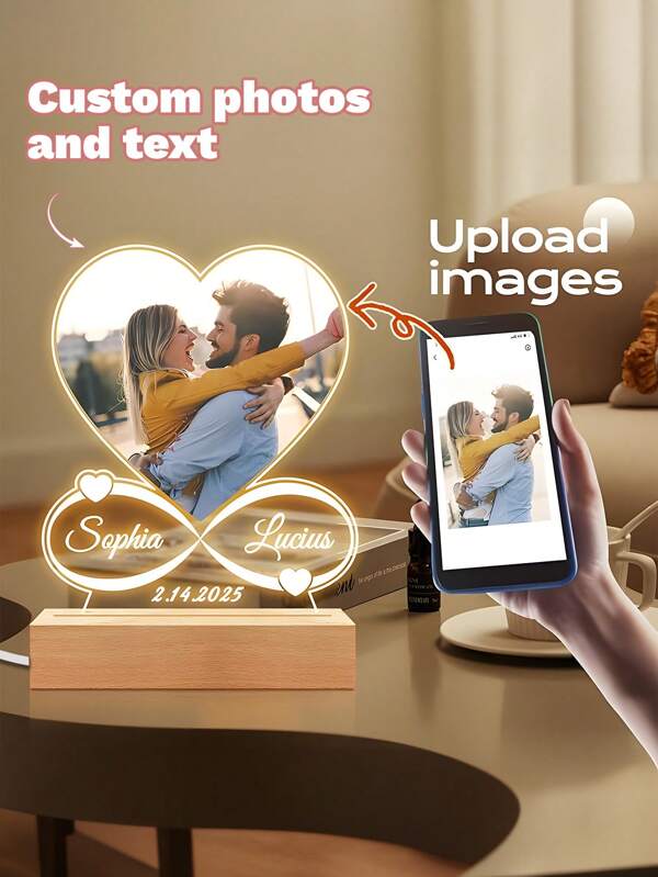 Molduras personalizadas com luz noturna LED, presentes de Natal, placa de acrílico em forma de coração para ano novo, suporte de madeira, abajur com foto personalizada, aniversário de casamento para o Dia das Mães, presente exclusivo para casais, namorada, namorado, família e amigos - perfeito para Natal, aniversário, aniversário e ocasiões românticas, presentes de Natal, presentes personalizados