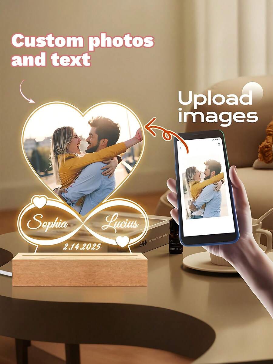 Personalized Custom Picture Frames With LED Night Light Christmas Gifts New Year Acrylic Heart Plaque Wooden Stand Table Lamp Customized Photo, Mother's Day Anniversary Birthday, Unique Gift For Couples, Girlfriend, Boyfriend, Family, And Friends - Perfect For Christmas, Birthday, Anniversary, And Romantic Occasions, Personalized Gifts ,Urban Gala ,Fashion Decor - Multicolor - View 1