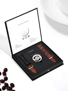 TOMI 1pc Boxed Men's Fashion Hollow Gear Rhinestone Leather Belt Quartz Watch, Suitable For Daily Life, Festivals, Gifts, Birthday, Christmas, New Year - Brown - View 5