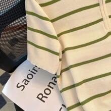 Summer Contrast Color Polo Collar Stripe Silk-Blend Short Sleeve T-Shirt With Zipper, Age-Reducing Top