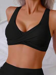 Solid Color Casual Drawstring Ruffle Twist Bikini Set, Suitable For Beach Vacation - Black - View 4