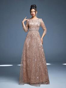 Mgiacy New Arrival Round Neck Evening Gown Dress Sequin Contrast Lace Belt Mgiacy-Classy A-Line Dress