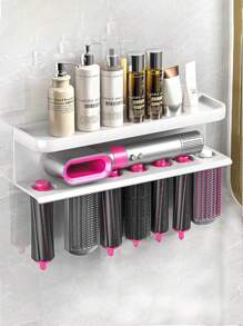 Estante de almacenamiento para rizadores y soporte para secador de cabello, soporte montado en la pared para varita rizadora y secador de cabello, soporte para herramientas de peinado sin perforación para el cabello, estante organizador de secador de cabello para baño, dormitorio y salón de belleza con material de aleación de aluminio, 2 métodos de instalación (perforación y no perforación)