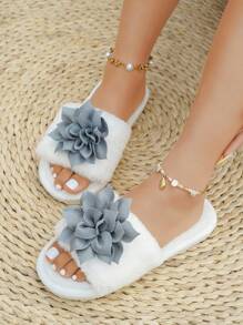 Pantuflas con lazo y plumas decorativas, de punta abierta, suaves y cómodas para todas las estaciones, color blanco