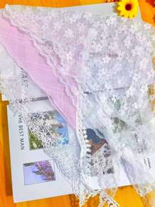 1 pezzo Sciarpa triangolare da donna con bordo in pizzo e motivo floreale ditsy, accessorio romantico e dolce adatto per uso quotidiano, viaggi, feste, servizi fotografici, ideale per primavera/estate, accessori per capelli, turbante, fascia per capelli